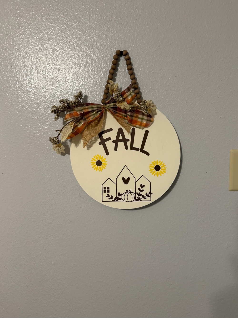 Fall Round Wall Sign in Cream and Brown with Yellow Accents